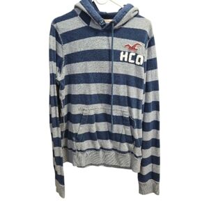 Holister Navy and Gray Men's Striped Hoodie